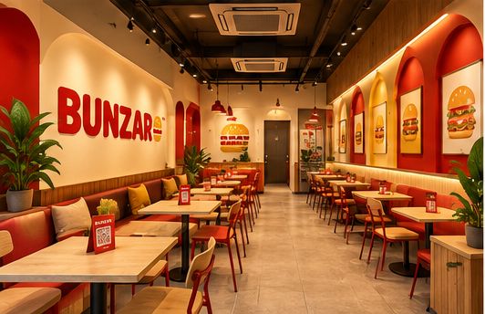 BUNZARO interior with red walls, plants and warm wood