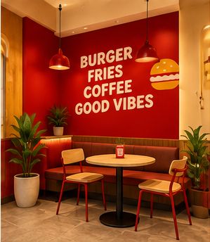 Red chairs and warm wood tables in the BUNZARO seating area
